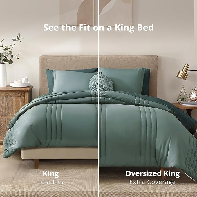 Monbix Oversized King Size Comforter Set - 7 Pieces Sage Green Bed in a Bag Oversized King Bedding Sets with Comforters, All Seasons Comforter Bed Set with Sheets, Pillowcases & Shams