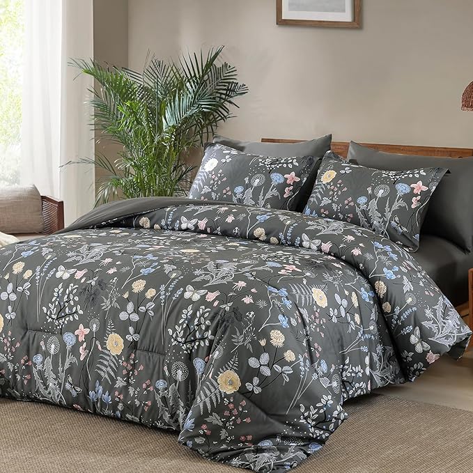Yiran 7 Piece Grey Floral Comforter Set Queen Size, Botanical Flowers Bed in a Bag Queen, Soft Microfiber Complete Bedding Set with Sheets for All Season