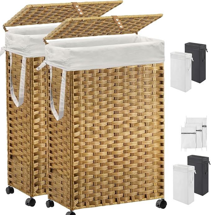 70L Slim Laundry Hamper with Lid & Wheels, 2-Park Rolling Laundry Basket with 4 Removable Liner Bags & 3 Mesh Bags, Narrow Dirty Clothes Basket, Foldable Handwoven Rattan Laundry Sorter, Natural by Hiagnete