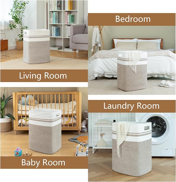 OIAHOMY Laundry Hamper-Laundry Basket,Tall Cotton Storage Basket with Handles,Decorative Blanket Basket for Living room,Collapsible Large Basket for Toys,Pillows,Clothes-16x13x22in-Yellow variegated - Image 6