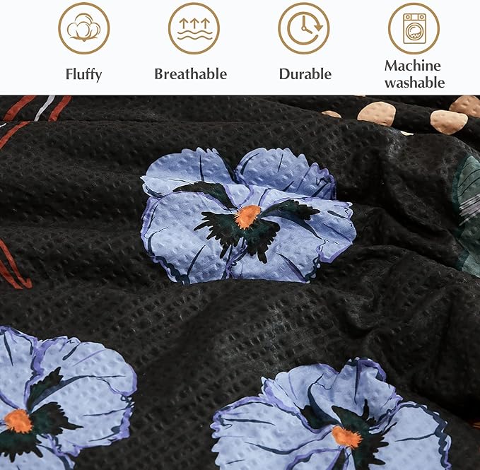CASAAGUSTO Queen Comforter Set, 7 PCS Black Floral Comforter Set with Flowers Leaves Pattern, Soft Seersucker Design All Season Queen Size Bedding Set (90"X90")