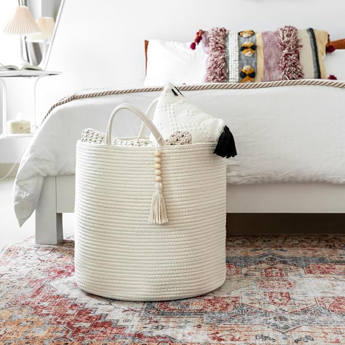 Mkono Tall Laundry Basket Woven Decorative Rope Storage Basket Wooden Bead Decoration for Blankets Toys Clothes Shoes Organizer Bin with Handles Living Room Home Decor, 15" W x 17.7" L, White - Image 2