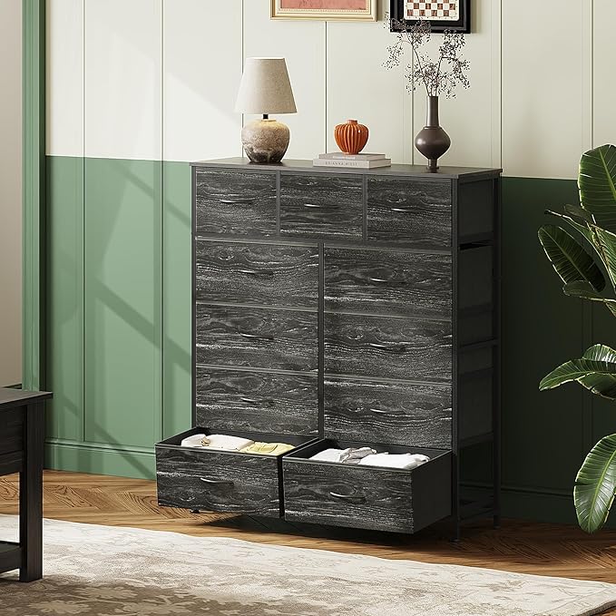 WLIVE Tall Dresser for Bedroom, Fabric Dressers Storage Tower, Dresser & Chest of Drawers with 11 Drawers, Storage Cabinet, Hallway, Closets, Steel Frame, Wood Top, Charcoal Black Wood Grain Print - Image 4
