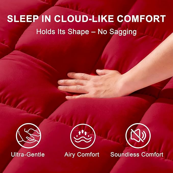 Quilted Mattress Pad Pillow Top Mattress Cover Protector Cooling Soft for Breathable Padded Deep Pocket 8-21 Fitted Supportive(Red,King Size)
