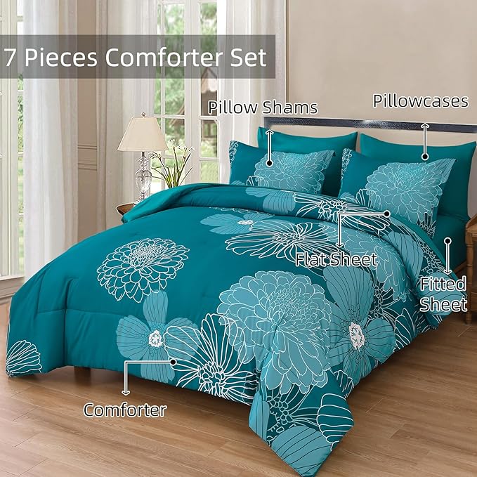 Yiran Queen Comforter Set Teal Bed in a Bag Floral Comforter Sets Soft Microfiber Boho Bedding Sets for All Season,7 Piece,90"×90"