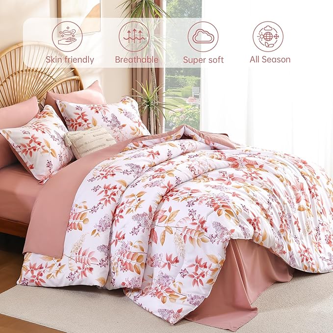Cottolester Pink Comforter Set Queen Size Floral 7-Piece Bedding Set,Pink Purple Botanical Comforter Set with Pillowcases,Soft Microfiber Complete Bedding Sets for All Season