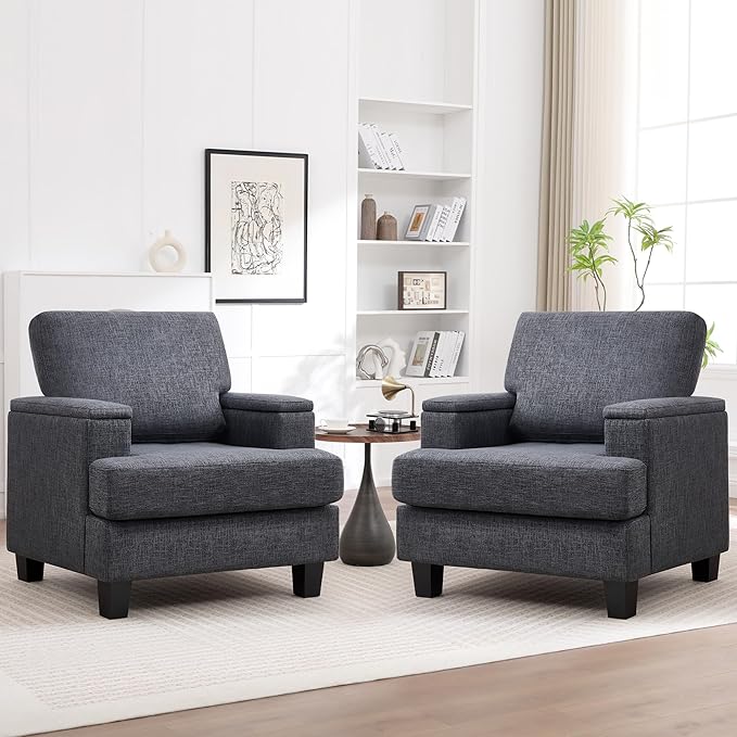 Accent Chairs Set of 2 with Armrest Storage, Modern Upholstered Reading Living Room Chairs, Comfy Large Armchairs, Fabric Single Sofa Chair for Bedroom (Dark Grey)