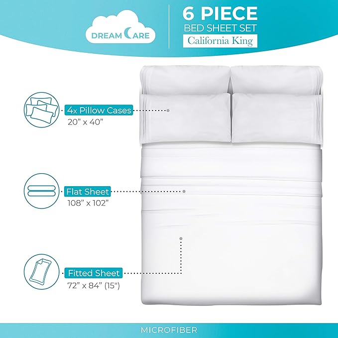 DREAMCARE California King Sheet Sets - 6 pcs Breathable Cooling Bed Sheets - up to 15" Deep California King Sheets with Side Pockets -Extra Soft 100% Brushed Hypoallergenic Hotel Luxury Bedding -White