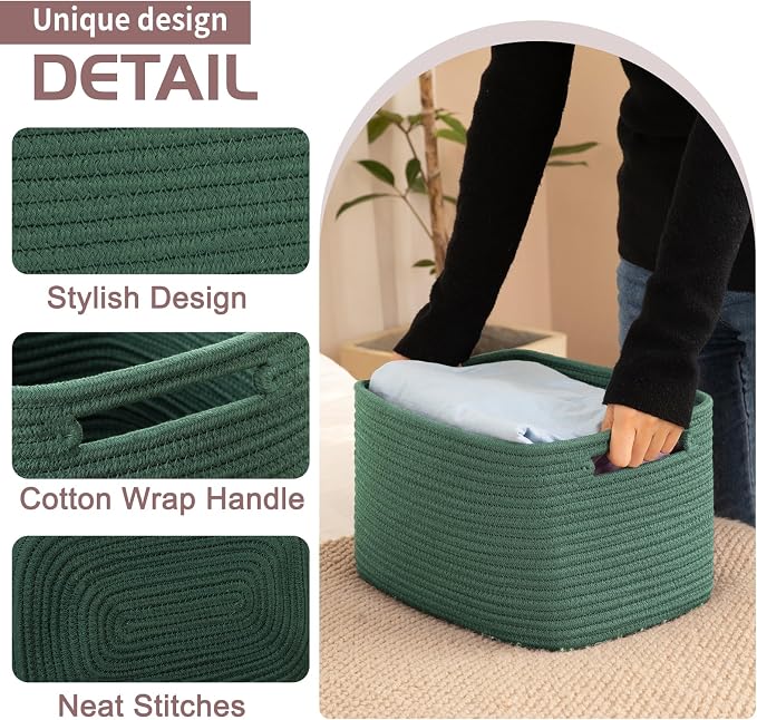 OIAHOMY 4 Pack Storage Baskets for Organizing, Cube Storage Bins for Shelves, Rectangle Storage Baskets With Handles, Woven Baskets for Storage, 12.7''Lx9''Wx7.8''H, Green - Image 3