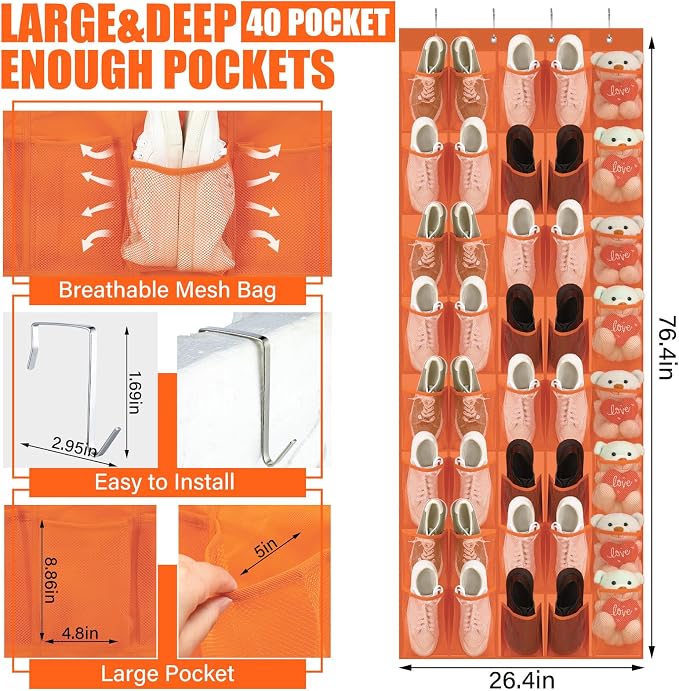 Windyun 40 Over the Door Shoe Organizer Large Mesh Pocket Hanging Shoe Rack for Closet Orange Nonslip Behind Door Storage Holder Back to School Organizer for Dorm Room College Classroom Storage - Image 2