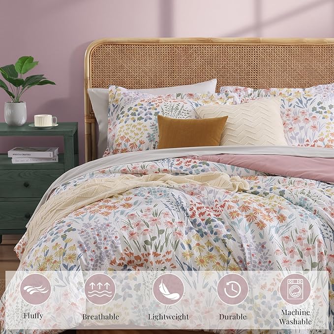 CASAAGUSTO Queen Comforter Set, 7 PCS Pinkish Floral Comforter Set with Flowers Leaves Pattern, Soft Seersucker Design All Season Queen Size Bedding Set(80"X90")