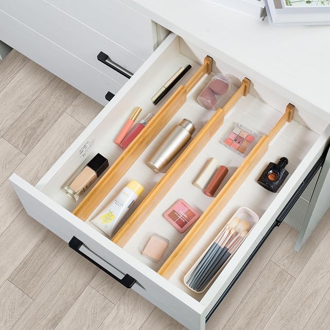 VaeFae Adjustable Bamboo Drawer Dividers, Expandable Drawer Organizer for Kitchen, Bedroom, Bathroom, Dresser and Office, 6-Pack - Image 6