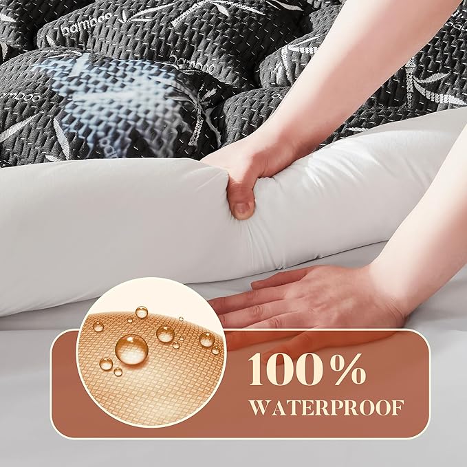 100% Waterproof Full Size Mattress Topper, Thick Pillow Top Mattress Pad，Up to 23 Inch Deep Pocket,Soft Breathable Mattress Pad for Back Pain, Protector Cover(Black)