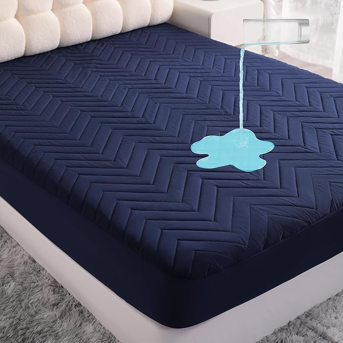 NTBAY Waterproof Mattress Protector, Quilted California King Fitted Mattress Cover with 15" Deep Pocket- Machine Washable - Soft and Breathable Mattress Pad Cover, Navy Blue