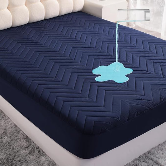 Quilted Waterproof Mattress Protector - Twin XL Size 15" Deep Pocket Fitted Sheet, Ultra-Soft Breathable and Machine Washable Mattress Pad Cover - Navy Blue