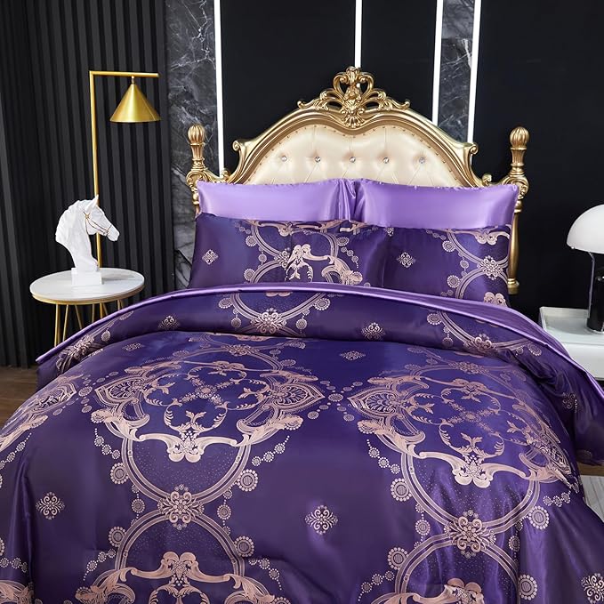 Bedding_Dreamer Purple Queen Comforter Set Satin Sheet Set Jacquard Bedding Set 8 Pcs Embroidery Neoclassical Floral Elegant Bed Home Decor Soft Comforter Luxury Hotel Bed in a Bag