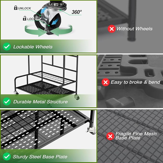 Garden Tool Organizer Rack with Wheels Up to 39 Tools, Heavy-Duty Steel Yard Tool Organizer for Garage Storage with 12 Hooks, Broom Holder & Garden Tool Rack for Shed, Patio, Outdoor Use, Black - Image 5