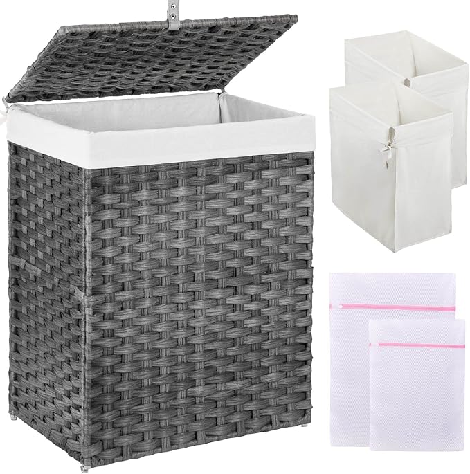Greenstell Laundry Hamper with Lid, 90L Clothes Hamper with 2 Removable Liner Bags & 2 Mesh Laundry Bags, Handwoven Synthetic Rattan Laundry Basket for Clothes, Toys in Bathroom, Bedroom Grey by Greenstell