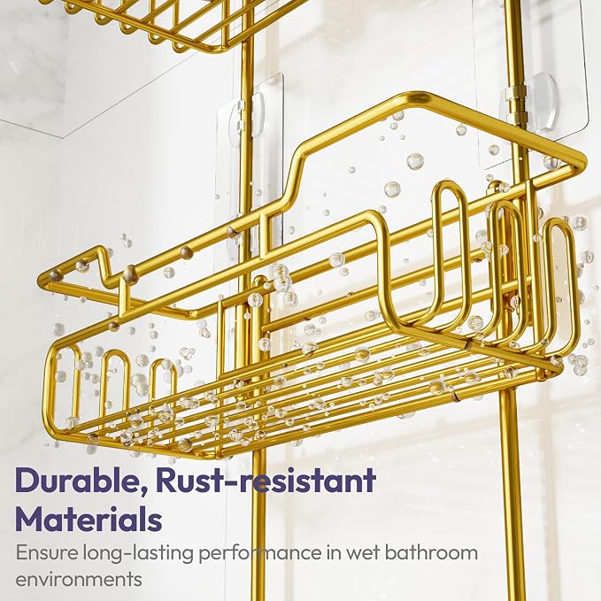 SWTYMIKI Bathroom Shower Caddy Hanging - 3 Tier Rustproof Over Shower Head Organizer, No Drilling Bathroom Shelf with 16 Hooks & Soap Holder, Anti-Swing Rack for Shampoo,Sponge,Towel, Gold - Image 5