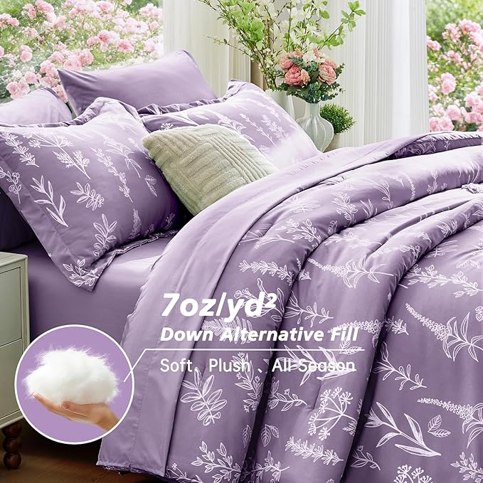 MUXHOMO Grayish Purple Bed in a Bag Queen 7 Pieces, Queen Comforter Set Reversible Botanical Flowers Design, Ultra Soft & Breathable Bedding Sets with Comforter, Sheets, Pillowcases & Shams