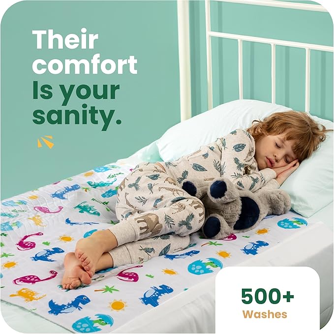 IMPROVIA® Pee Pads for Kids - Bed wetting Pads for Kids Potty Training Bed mats for Toddlers Waterproof Reuseable Washable Absorbent, Non Slip - Dino Design - Twin Size 34”x36 (2 Pack)