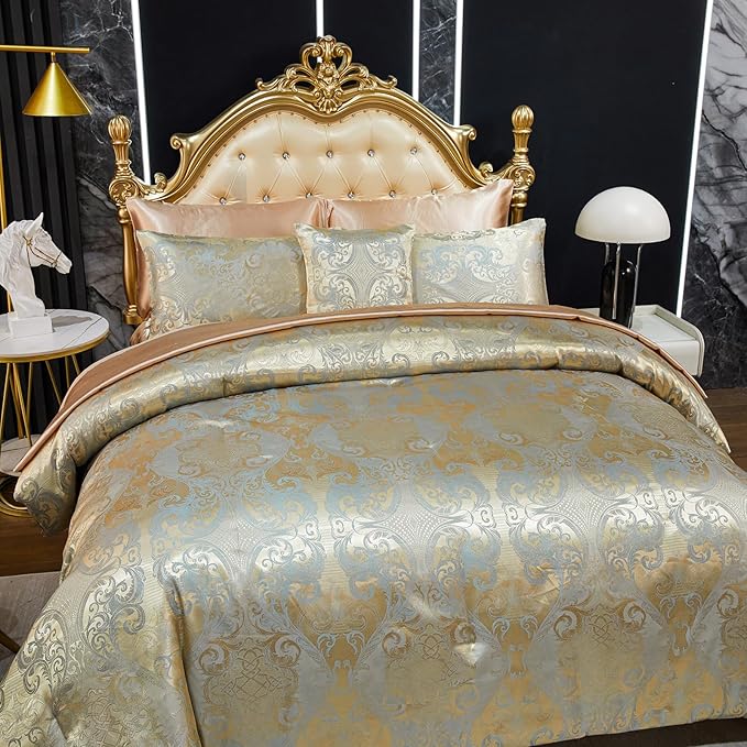 Gold Comforter Set with Taupe Sheet Set Jacquard Bedding Set 8 Pcs Vintage Neoclassical Floral Elegant Bed Home Decor Soft Comforter Luxury Hotel Silky Bed in a Bag Queen with 1 Cushion Cover