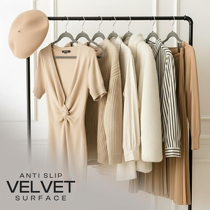 Utopia Home Velvet Hangers 150 Pack – Luxury Non-Slip Slim Pant & Coat Hangers, Strong Space-Saving Clothes Hangers with Pants Bar and 360° Swivel Hook – Grey - Image 4