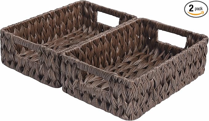 GRANNY SAYS Wicker Baskets with Handles,Small Woven Basket for Storage, Waterproof Storage Basket Organizer,Decorative Storage Boxes for Organing Pantry,Brown Basket,2-Pack,11 1/4''L x 7 1/2''W x 3 1/2''H by GRANNYSAYS