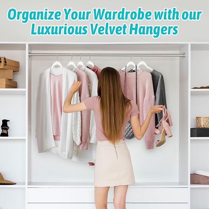Sishynio Premium Velvet Shirt Hangers 50 Pack, Non-Slip 360° Swivel Hook Slim Felt Hanger, Space Saving Flocked Hangers for Tank Tops, Blouses, Strappy Dresses(White) - Image 7