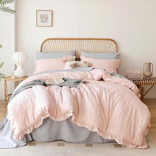 JANZAA Bedding Set, Blush Ruffle 3PCS (1 Comforter Set and 2 Pillow Covers) All Season, Shabby Chic, Vintage, Polyester, King, Soft