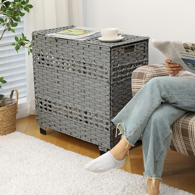 OIAHOMY Laundry Hamper with Lid, 140L Clothes Hamper with 3 Removable Liner Bags, Foldable Basket with Lid, Synthetic Wicker Laundry Basket for Bedroom, 27x 13 x 26 Inches, Grey - Image 2