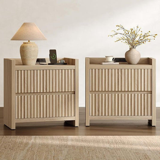 SICOTAS Night Stands Set of 2-Fluted Nightstands with Charging Station- Large Nightstand Bedside Table End Table with 2 Drawers, 25" Tall Mid Century Modern Night Stand for Bedroom, Sofa Side