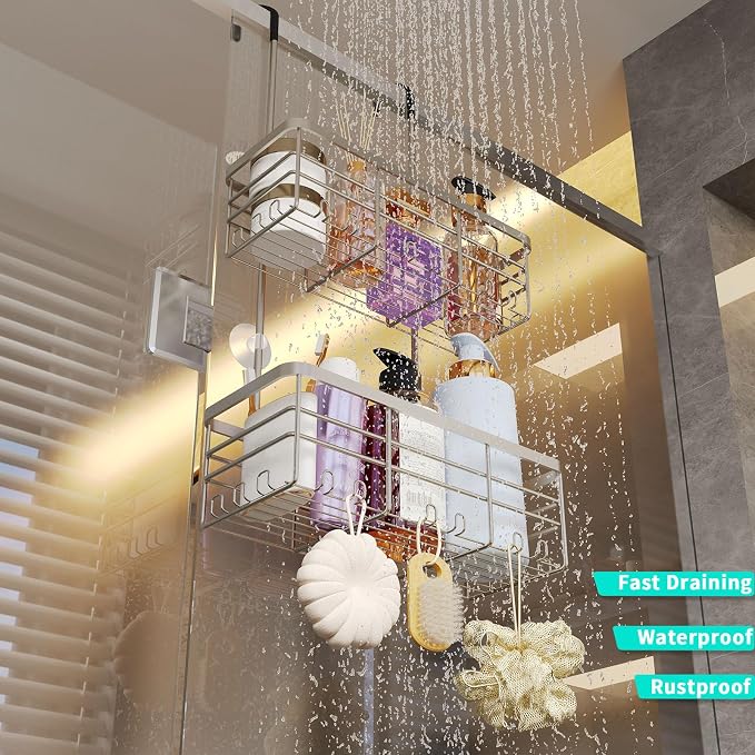 HapiRm Hanging Shower Caddy Organizer - No Drilling Shower Organizer with Hooks, Rustproof & Waterproof 304 Stainless Steel Bathroom Shelves - Brushed Nickel - Image 6