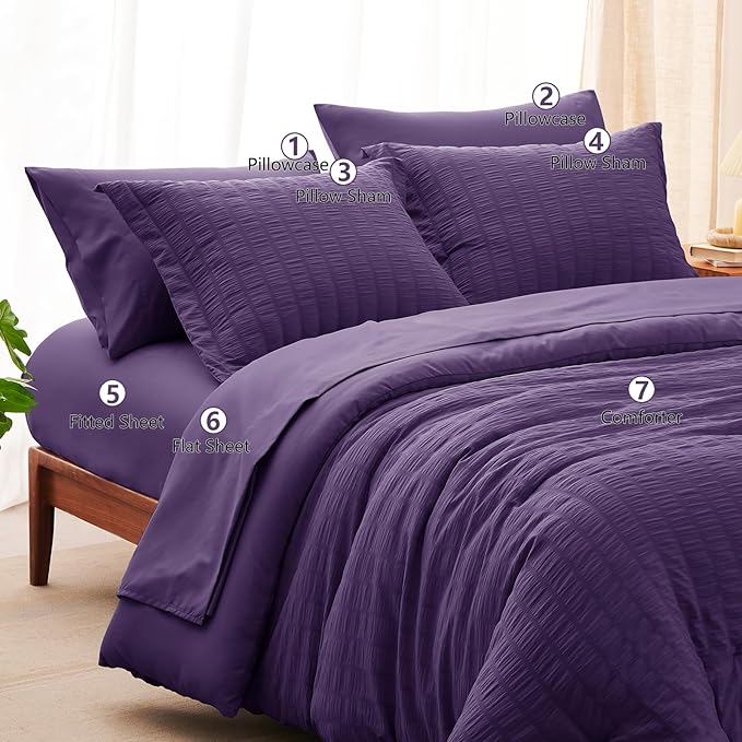 CozyLux King Size Comforter Set Purple Seersucker 7 Pieces Bed in a Bag King Comforter Set with Sheets, Luxury Soft Bedding Sets with Down Alternative Comforter, Sheets, Pillowcases & Shams All Season