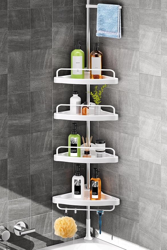 HAMITOR Corner Shower Caddy Tension Pole: Adjustable Stainless Steel Shower Organizer with 4 Tier Shelf for Bathroom Bathtub Tub Shampoo - Floor Standing Rack Bath Storage Holder with Rust Proof Rods by HAMITOR