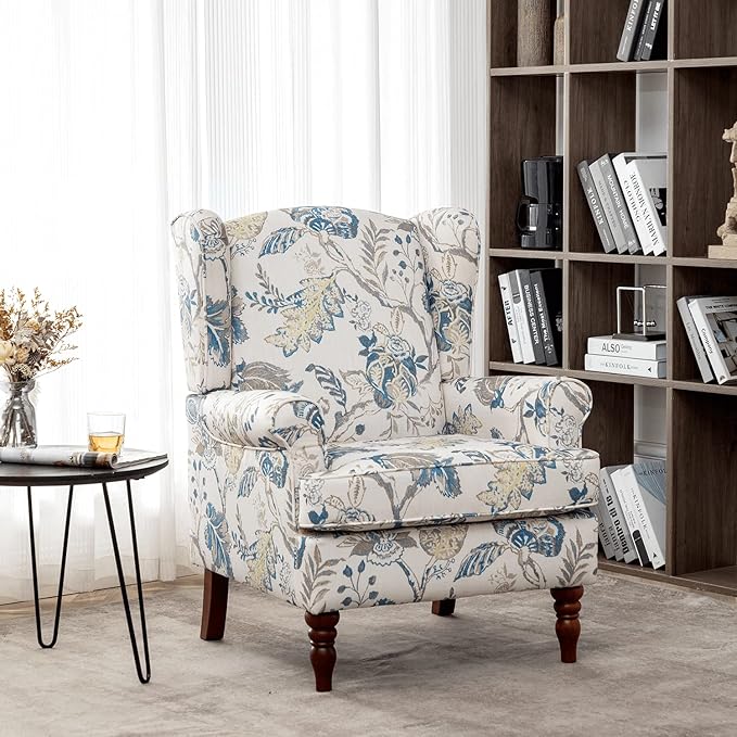 MELLCOM Floral Accent Chair, High Back Upholstered Armchair with Solid Legs, Leisure Single Sofa Chair for Living Room, Bedroom, Home Office, Blue Floral