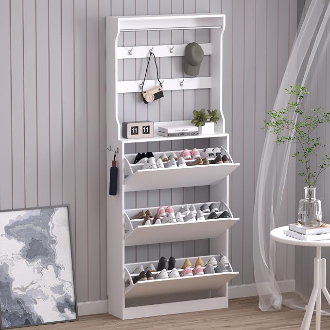 BORNOON Shoe Cabinet with 3 Flip Drawers & Coat Rack, Narrow Hidden Shoe Storage Cabinet, 2-in-1 Hall Tree Slim Freestanding Shoe Rack Organizer for Entryway, Hallway, and Living Room by BORNOON