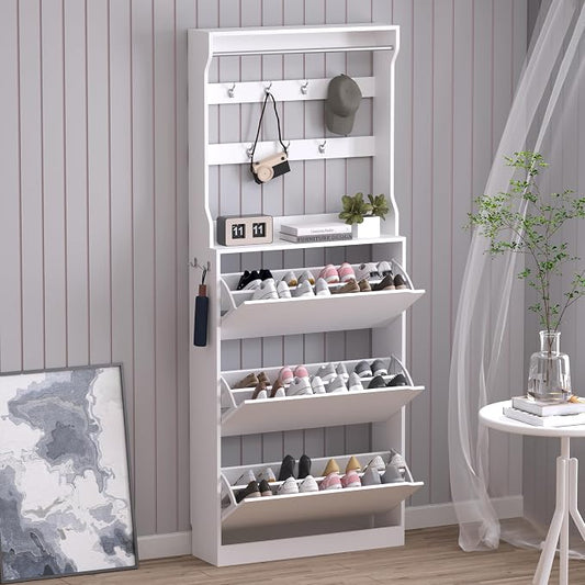 BORNOON Shoe Cabinet with 3 Flip Drawers & Coat Rack, Narrow Hidden Shoe Storage Cabinet, 2-in-1 Hall Tree Slim Freestanding Shoe Rack Organizer for Entryway, Hallway, and Living Room by BORNOON