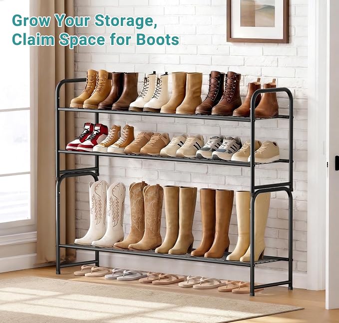 AOODA Long 2 Tier Shoe Rack for Closet Metal Wide Stackable Shoe Storage Organizer for Entryway, Bedroom, Floor, 18-Pairs Low Shoe Shelf, Black - Image 4