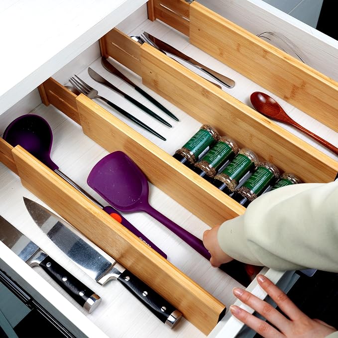Utoplike Bamboo Drawer Dividers Large, 4'' High Adjustable Kitchen Drawer Organizers for Clothing, Spring Loaded, Works in Bathroom, Bedroom, Dresser, Desk, 4 pcs - Image 5