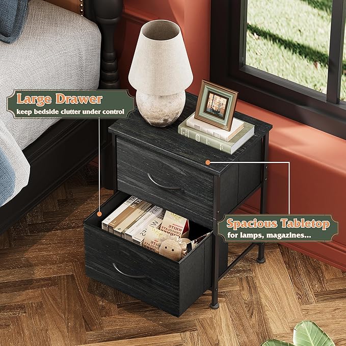 WLIVE Night Stand, Small Dresser with 2 Drawers & Wooden Top, Nightstand with Fabric Bins, Bedside Table End Table for Bedroom, Closet, Entryway, College Dorm, Charcoal Black