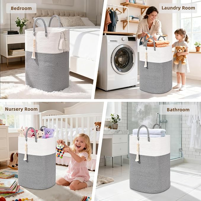 Woven Laundry Basket for Clothes, 50L Large Rectangle Laundry Hampers with Beads Tassel, Nursery Storage Basket for Toys, Tall Dirty Clothes Hamper for Bedroom Aesthetic, Laundry Room Organization - Image 5