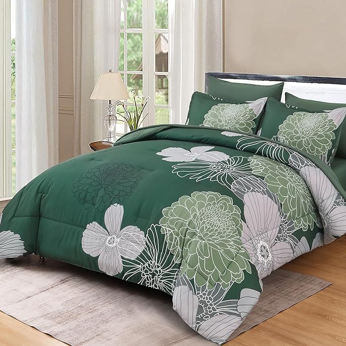 Yiran 7 Pieces Queen Floral Comforter Set,Emerald Green Bed in a Bag Flowers Comforter,Soft Microfiber Bedding Set with Comforter, Sheets, Pillowcases & Shams 90"×90"