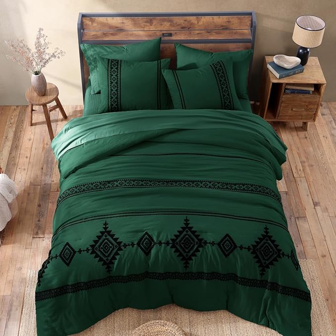 MaiRêve Embroidery Comforter Set, Boho Farmhouse Western Bedding Set, All Season Bed in A Bag Comforter Set with Sheets, Pillowcases & Shams, Emerald Green King 7 Pieces