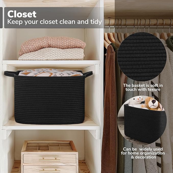 Goodpick Woven Storage Baskets for Organizing, Cotton Rope Organizer for Living Room Bedroom, Black Laundry Basket with Handles, Stylish Gift Baskets for Baby Boys, 13"x10"x9" - Image 5