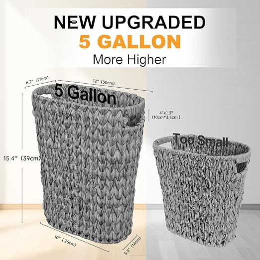 Coeusy 5 Gallon Wicker Trash Can,Wicker Bathroom Trash Can with Handles,Handwoven Waste Basket Waterproof Narrow Small Garbage Can for Bedroom,Bathroom,Office,Grey/20 Liters - Image 2
