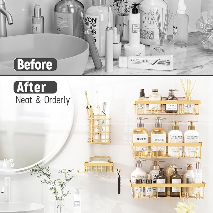 Liuoud 5 Pack Shower Caddy Organizer Rack Shelf for Inside Shower, Self Adhesive Wall Storage Basket Rustproof Stainless Steel Shampoo Holder Bathroom Accessory Decor Set, Gold - Image 6
