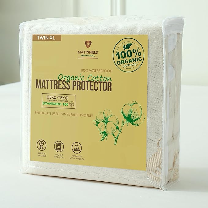 Deluxe Waterproof Organic Mattress Protector Twin XL Size - OCS Certified Organic Cotton Breathable Mattress Pad Cover - Premium 280 GSM Comfort - Jersey Cotton Skirt - Deep Pocket Fitted Style