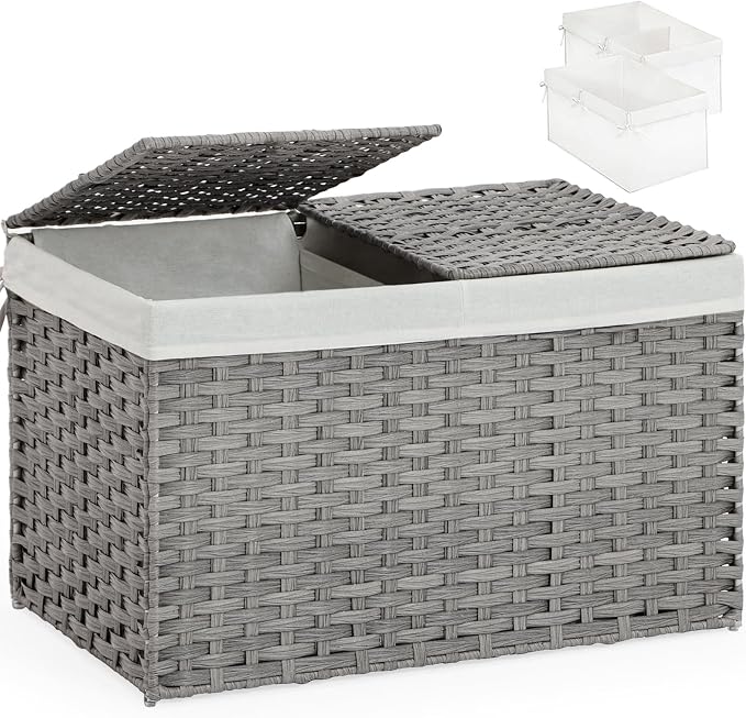 SETVSON Storage Basket with Lid Wicker Baskets for Storage with 2 Separate Lid 42.3 Gallon (160 L) 29.9 x 17.3 x 18.1 Inches Rattan Woven Large Wicker Basket with 2 Liners for Bedroom Laundry Gray by SETVSON