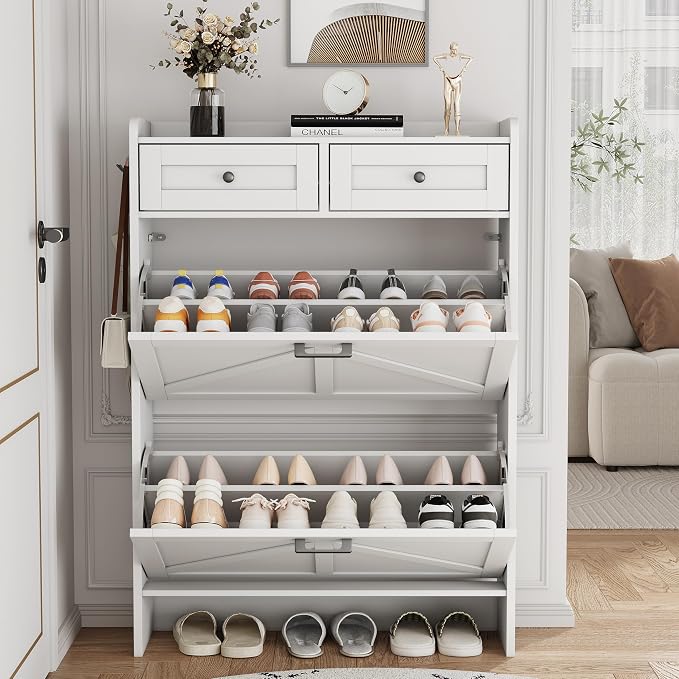 Shoe Cabinet with 2 Flip Drawers & 2 Top Drawers, 43" Tall Freestanding Narrow Wooden Shoe Storage Organizer for Entryway, Hidden Slim Shoe Rack for Front Door Entrance, Hallway, Living Room, White - Image 8